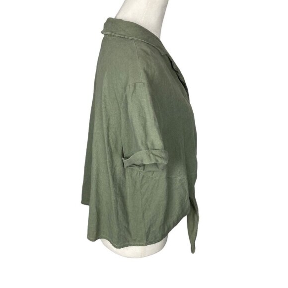 MODCLOTH Women Blouse Size L Green Linen Blend Crop Tie Button Front Casual - Picture 3 of 9
